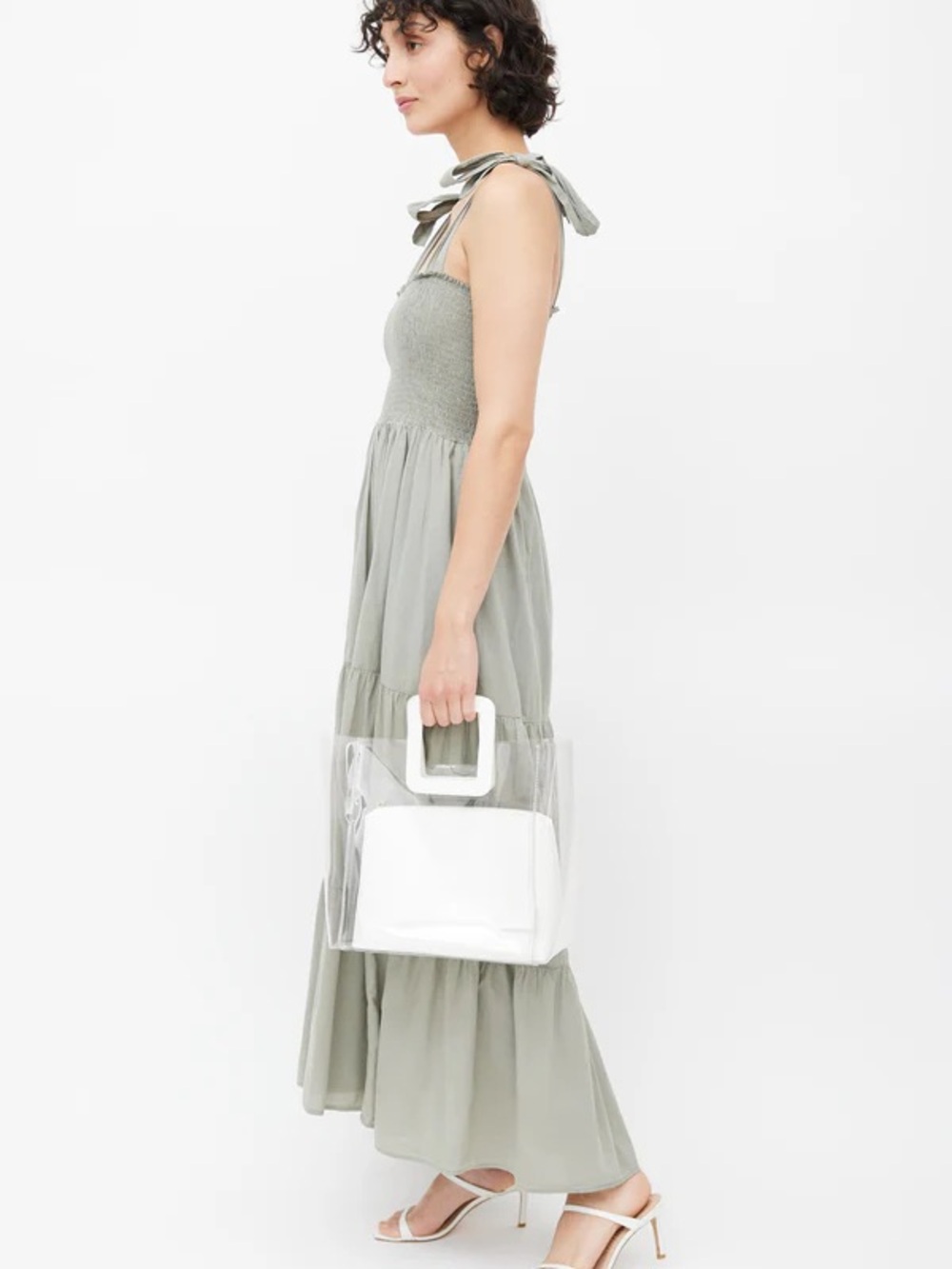 STAUD Shirley Clear Tote with White Square Handle and Pouch